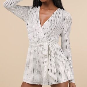 Lulus Bettie White Metallic Long Sleeve Romper - Size XL